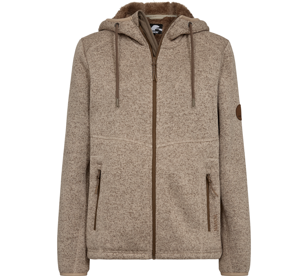 Fleecejakke beige meleret med hætte, lynlås, to lynlåslommer og Nanok-logo på ærme.
