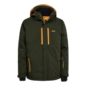 En mørkegrøn, polstret jakke med kontrastdetaljer i gul/orange og synligt "NANOK"-logo på brystet. Jakken har en rummelig hætte, to lodrette brystlommer med lynlås samt to nederste lommer og justerbare ærmer. Indvendig ses en mørk foring, og de kraftige lynlåse og paneler antyder et robust design til udendørs brug. Stilren og funktionel jakke med tydelige kontraster.
