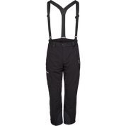 Sort, teknisk skibuks med aftagelige/justerbare seler, høj talje og elastiske sidesømme. Bukserne har forstærkede knæ- og slidområder, sidelommer med lynlås og justerbar benåbning til støvler. Materialet virker vandafvisende og isolerende, designet til vinteraktiviteter med god bevægelsesfrihed og praktiske detaljer som bæltestropper og trykknaplukning i livet. Bukserne ser ud til at have åndbar foring og diskrete refleksdetaljer for øget sikkerhed i dårligt vejr.