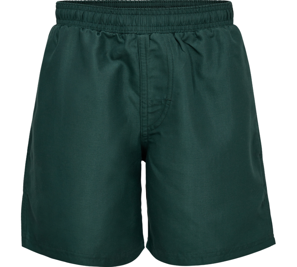 Et par enkle, mørkegrønne shorts i et mat, let materiale med elastisk talje og løs pasform. De har en diskret gylp og tydelige syninger langs sømmene, hvilket giver et klassisk og funktionelt udtryk. Længden er kort til midt på låret, velegnet til afslappet fritid, træning eller badning. Farven og det rene snit gør dem lette at kombinere med forskellige overdele.