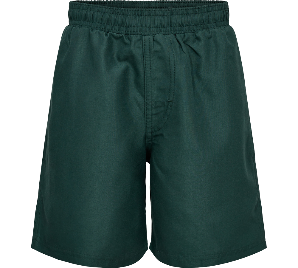 Mørkegrønne shorts i enkel og tidløs stil. De har elastik i taljen, lige ben og en diskret syning foran, der giver et rent udtryk. Stoffet ser mat og let struktureret ud, velegnet til fritid eller bad. Shortsene falder til midt på låret og virker komfortable og praktiske til hverdag, strand eller afslappede aktiviteter.