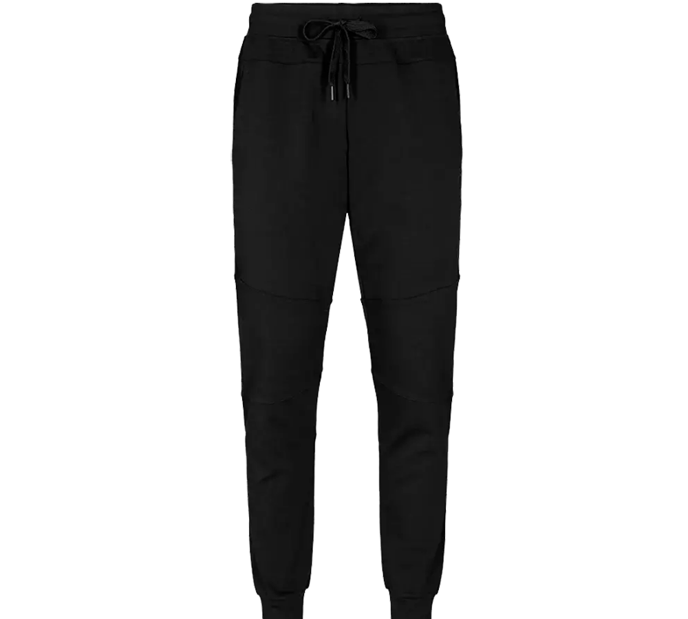 Et par sorte joggingsbukser i enkelt, moderne design. Bukserne har elastisk talje med snor, ribkant ved anklerne og diskrete sidelommer. Syninger over knæene skaber et sporty look og giver bevægelsesfrihed. Materialet virker blødt og komfortabelt, velegnet til afslappede dage eller træning. Den slanke pasform kombinerer funktionalitet med et stilrent udtryk.