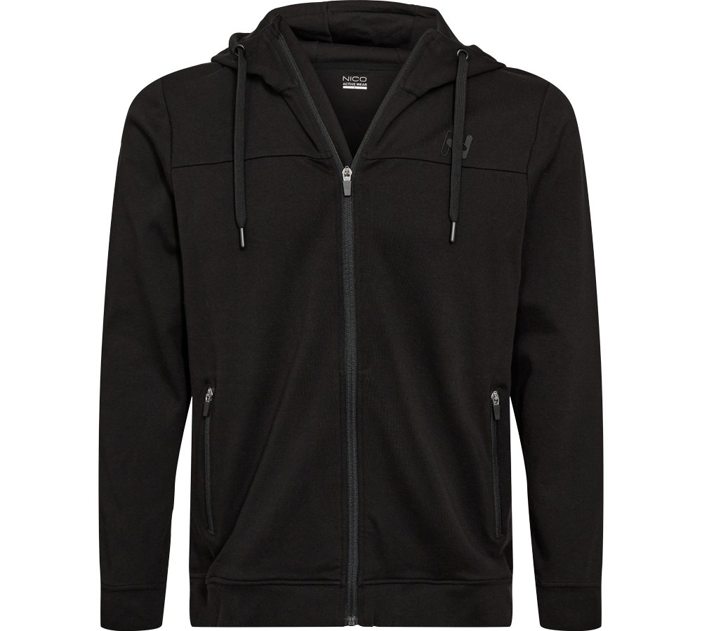 Sort, praktisk hættetrøje med fuld lynlås og justerbar hætte. Designet er minimalistisk og sportsligt med lange ærmer, ribkanter ved ærmer og kant samt to sidelommer med lynlås. Stoffet fremstår blødt og let struktureret, velegnet til hverdag og træning. Diskret logo på brystet og solide snore i hætten giver et enkelt, moderne udtryk.