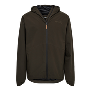 En minimalistisk, mørkegrøn hættejakke i let teknisk materiale, designet til hverdag og udendørs brug. Jakken har hel lynlås, diskret hætte og sidelommer integreret i sømmene. Et subtilt "NORD"-logo pryder brystet, mens inderforet i mesh giver åndbarhed. Den enkle silhuet og de gennemførte sømme skaber et moderne, funktionelt udtryk, der kombinerer komfort, bevægelsesfrihed og vejrbeskyttelse.