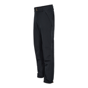 Et par mørkeblå, vandafvisende outdoor-bukser præsenteret på mannequin. Bukserne har høj talje med dobbelt knaplukning, skrå sidelommer og en lynlåslomme ved låret samt forstærkede knæpartier. Den lige, lidt tætsiddende pasform og elastiske talje sikrer bevægelsesfrihed, mens justerbare ankelmanchetter holder varmen. Velegnede til vandreture, arbejde udendørs og daglig brug i køligt, fugtigt vejr.