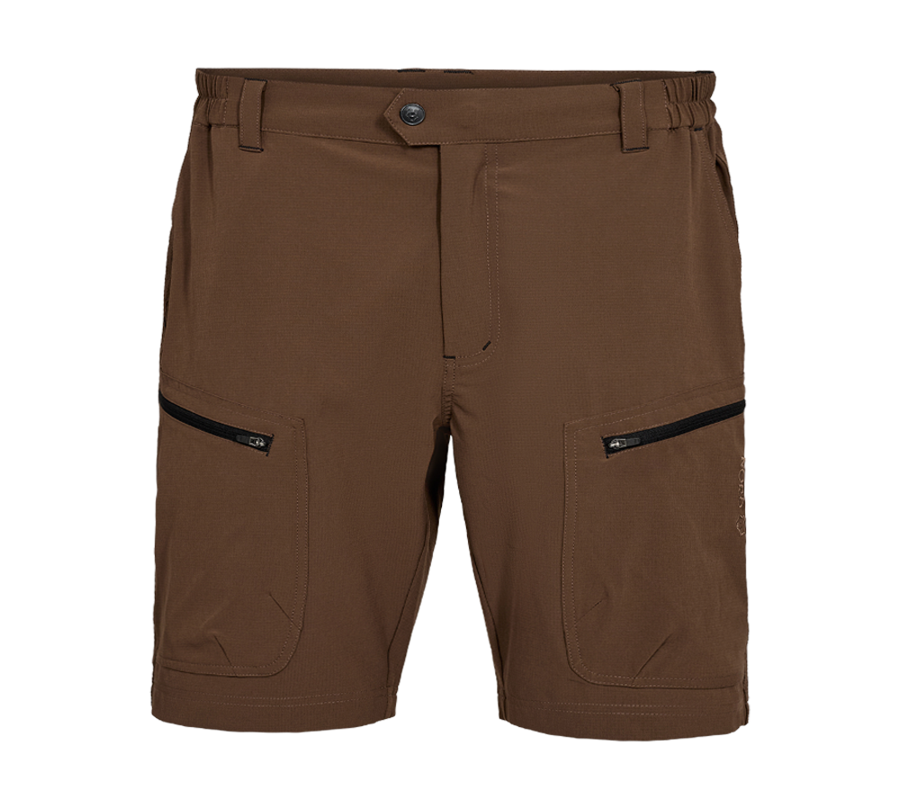 Brune outdoorshorts med to frontlommer med sorte lynlåse og bæltestropper på hvid baggrund.