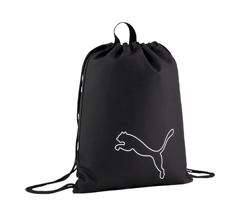 En sort snøresæk i let, holdbart materiale med et minimalistisk og sporty udtryk. Posens enkle snorelukning gør den nem at åbne og lukke, og de tynde skulderremme kan justeres ved at knytte dem. På forsiden pryder en hvid silhuet af en springende kat logoet, som giver et tydeligt brandpræg. Perfekt til træning, skole eller hverdagens små ærinder.