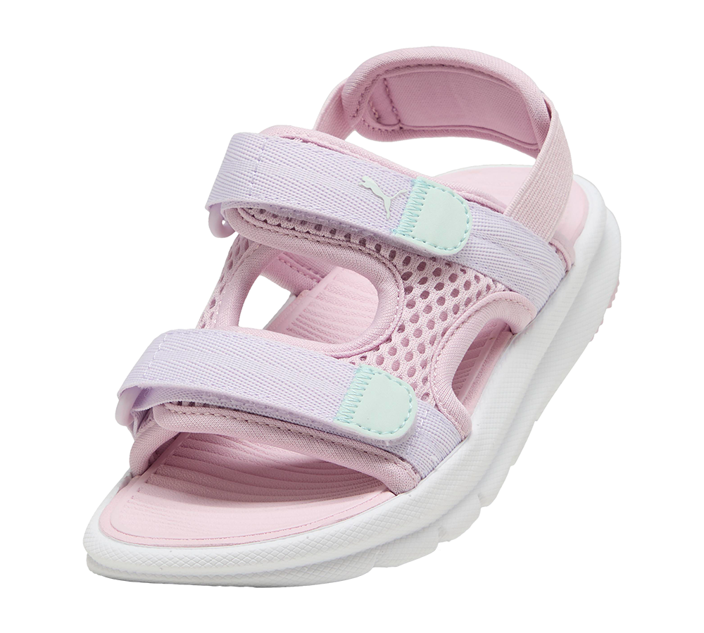 Lyserød børnesandal i sporty stil med åndbart mesh og bløde velcrostropper. Sandalen har to justerbare remme over vristen og en hælrem, som sikrer god pasform, samt lyse mintfarvede detaljer og diskret logo. Den hvide, profilerede sål virker let og støddæmpende, mens indersålen er formet for komfort. Et praktisk og funktionsorienteret valg til varme sommerture.