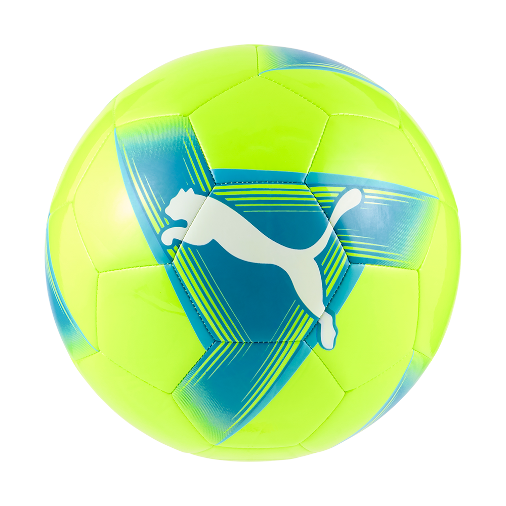 Fodbold neongul med blå grafik og hvidt Puma-logo på hvid baggrund.
