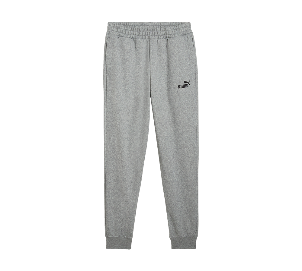 Grå sweatpants med elastik i talje og Puma-logo på hvid baggrund.