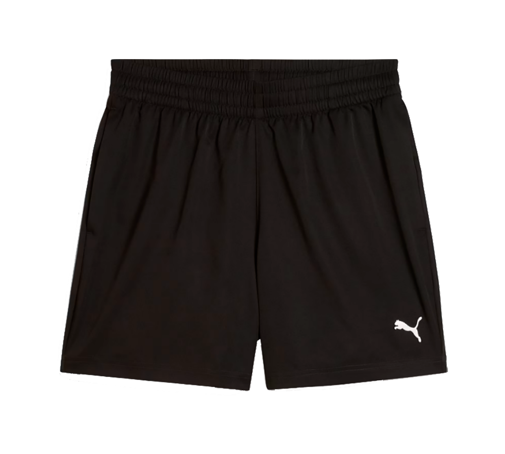 Sort sports- eller fritidsshorts i let, åndbart materiale med elastisk talje og løstsiddende pasform. Modellen har diskrete sidelommer og en lille, hvid Puma-logo nederst på venstre ben. Det enkle design gør dem velegnede til både træning, løb og afslappet hverdag. Kortene når midt på låret og giver god bevægelsesfrihed samt et klassisk, minimalistisk udtryk.
