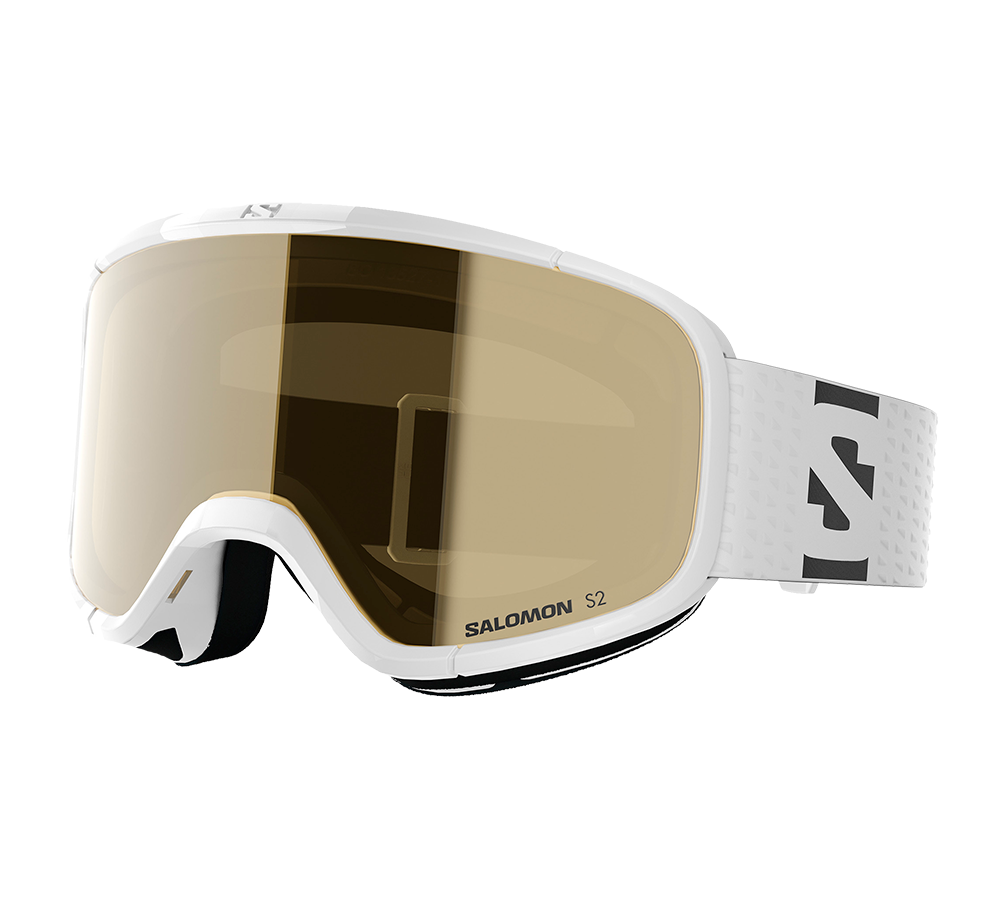 Et par moderne skibriller fra Salomon med hvid ramme og gyldenbrun linse. Brillens brede, kurvede glas giver et stort synsfelt, mens den justerbare, hvide rem med logo sikrer fast pasform. Indvendigt ses blød polstring for komfort og tætning mod vinterkulde. Designet er minimalistisk og funktionelt, velegnet til skiløb og snowboarding i varierende vejrforhold.