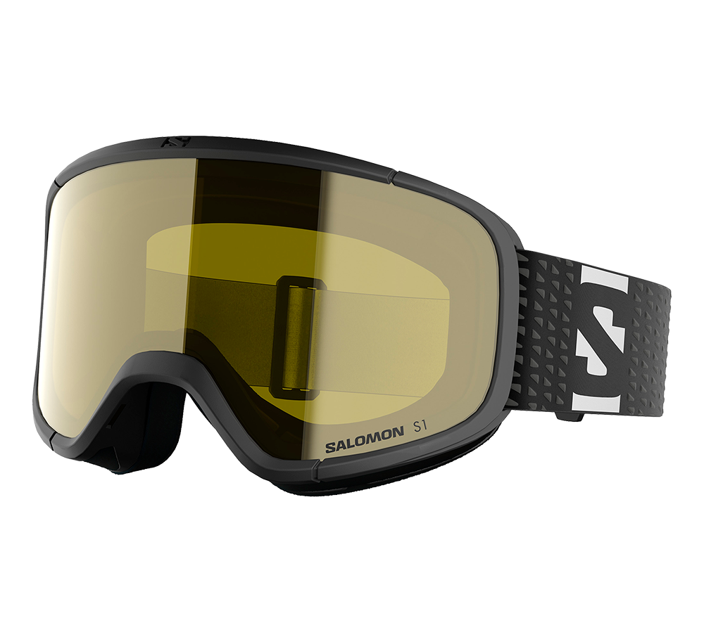 Disse Salomon S1 skibriller har en moderne, sort ramme og en stor, gylden-gul linse, der giver øget kontrast i fladlys. Den brede linse sikrer et stort synsfelt, mens den justerbare, mønstrede rem med logo giver stabil pasform over hjelmen. Indvendig kantning med blød skumkant lover komfort og tætning mod vind og sne, hvilket gør dem velegnede til skiløb og snowboard.