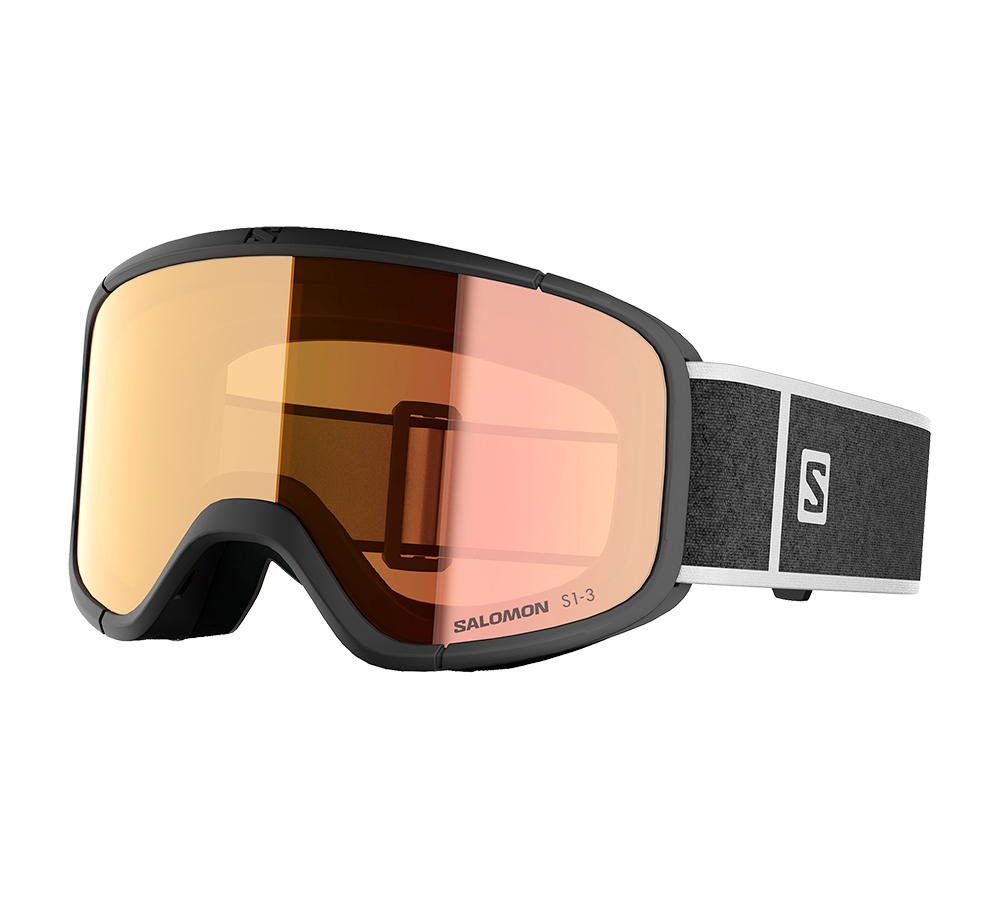 Disse Salomon skibriller har en bred, orange-rosa tonet linse og en mat sort ramme, der omfavner ansigtet med blød polstring. Den justerbare, grå elastikrem med tydeligt Salomon-logo sikrer stabil pasform over hjelm. Designet er moderne og minimalistisk, velegnet til alpin skiløb eller snowboarding, hvor god kontrast og beskyttelse mod vind, sne og sol er vigtig.