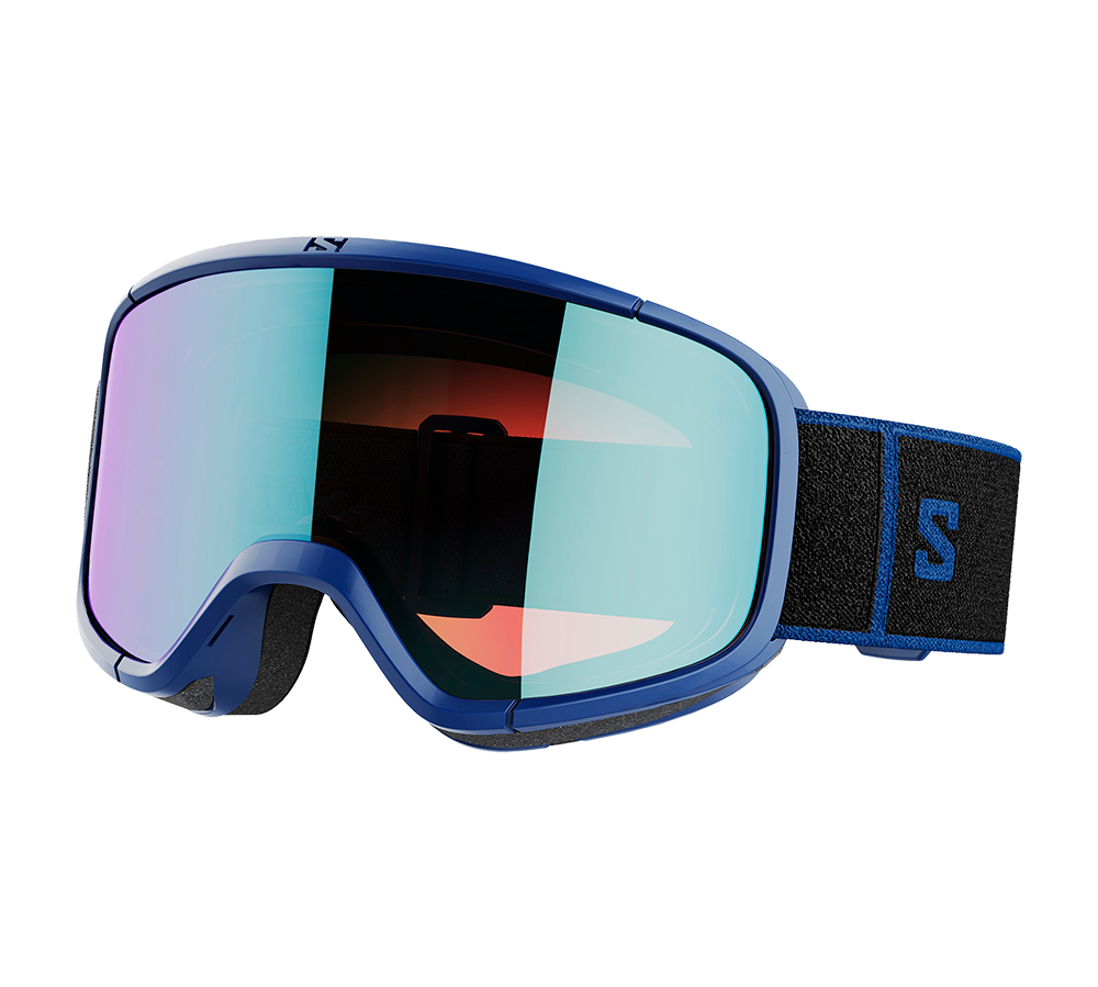 Blå skibrille med stor, buet spejllinse i turkis-lilla gradient, der giver et moderne og sporty udtryk. Rammen er robust og kontrasterer fint med sort skumpolstring indvendig for komfort og tæt pasform. Elastisk sort rem har blå kanter og et tydeligt "S"-logo, som sikrer stabil montering omkring hjelm eller hoved. Designet kombinerer funktionalitet, stil og effektiv beskyttelse mod blænding.