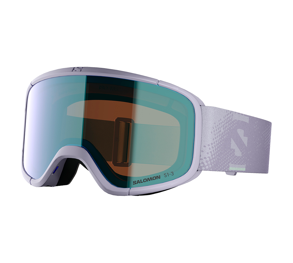 Lyse lilla skibriller med en bred, spejlet linse i blågrøn med orange kontrast. Tæt skumkant og fleksibel ramme sikrer komfort og pasform, mens den justerbare strop har et diskret mønster og logo. Det moderne, aerodynamiske design giver bredt udsyn og beskyttelse mod vind og sne, velegnet til skiløb og snowboarding. Farverne og linsens coating tyder på anti-dug og UV-beskyttelse.