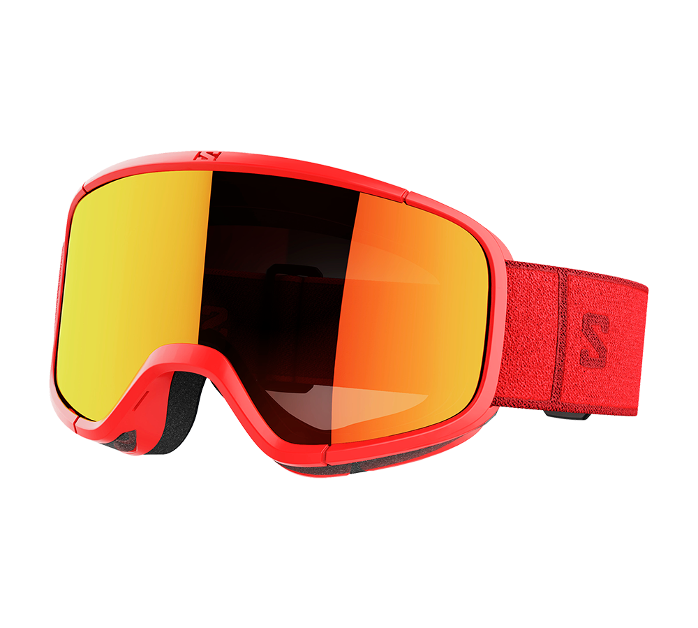 Røde skibriller med en bred, spejlblank orange linse og rødt stel. Brillen har blød skumpolstring langs indersiden for komfort og en bred elastisk rem i rød med et diskret 'S'-mærke. Den store, kurvede linse giver et bredt synsfelt og beskytter mod blænding og vind — ideelle til skiløb eller snowboarding, hvor både pasform og klarhed er vigtige.