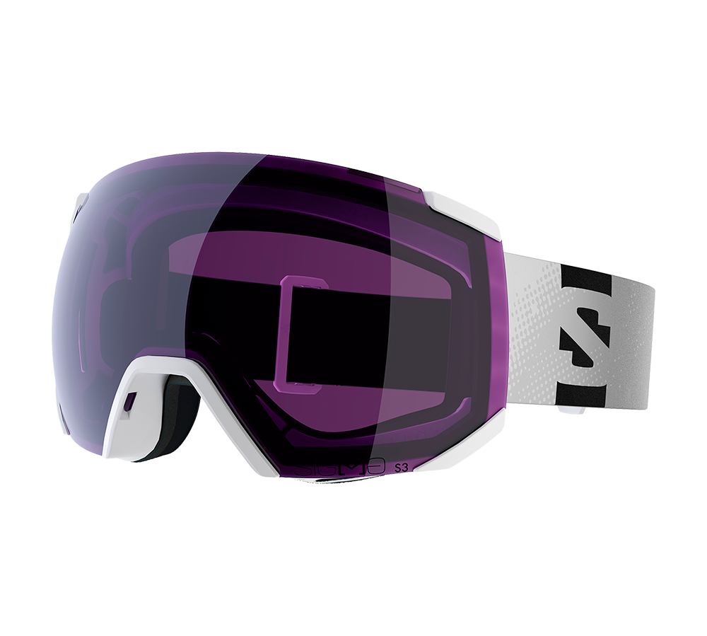 Denne moderne skibrille har en stor, buet linse i dyb lilla toning og en hvid ramme, der omslutter ansigtet tæt. Den brede, justerbare strop i grå med sort mønster sikrer god pasform over hjelm. Indvendigt ses blød skumpolstring for komfort og tæt tætning mod vind og sne. Designet virker aerodynamisk og funktionelt, velegnet til skiløb og snowboard i skiftende vejrforhold.
