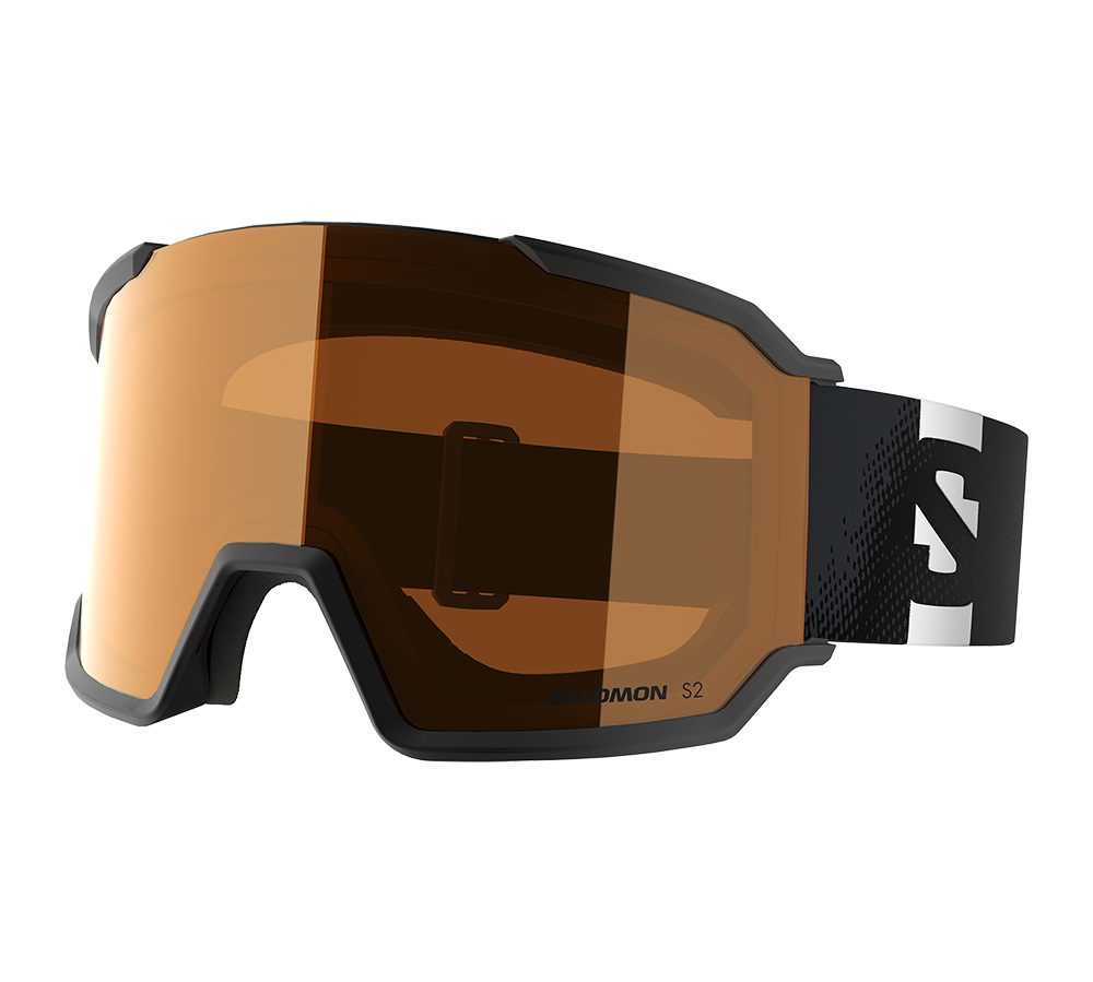 Skibriller med orange linse og sort stel, Salomon-logo på rem på hvid baggrund.