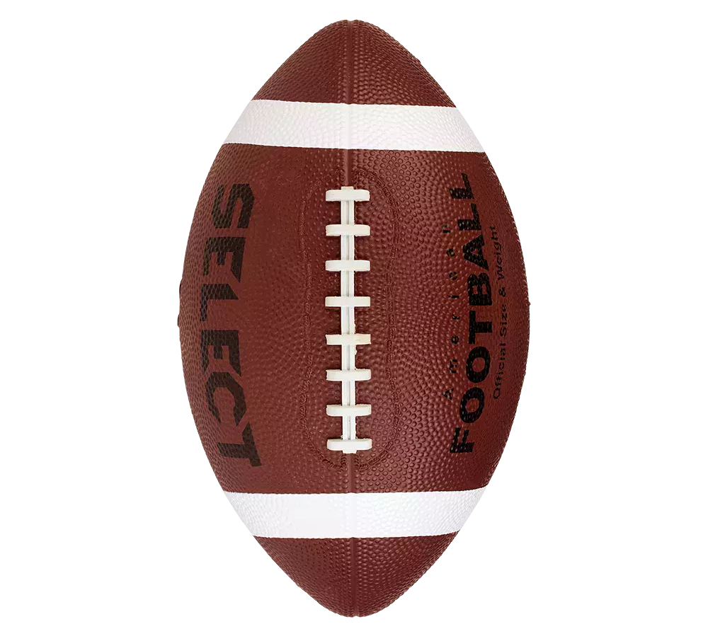 Et klassisk amerikansk football i brun læderstruktur med tydelige hvide striber og snørebånd midt på. Overfladen har små noppede tekstur, der giver godt greb under kast og tacklinger. Bolden er mærket med brandnavn og tekst, som antyder officiel størrelse og vægt. Den er velegnet til træning og kamp og signalerer robusthed og sportslig tradition.