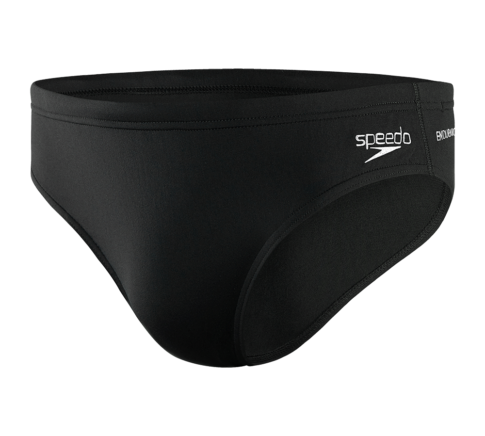 Et enkelt, sort par Speedo-badebukser (brief) i klassisk design med lavt skåret ben og bred elastik i taljen for en tæt og komfortabel pasform. Materialet virker glat og slidstærkt, egnet til regelmæssig svømning og træning. Det diskrete hvide Speedo-logo ved hoften giver et sporty præg, mens syningerne og rene linjer understreger funktionaliteten og enkelheden.