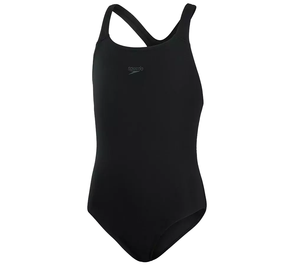 Sort, enkelt badedragt i enkelt snit fra Speedo. Enkelt design med krydsede skulderstropper bagpå, moderat udskæring ved benene og rund halsudskæring. Fremstillet i glat, strækbart materiale med mat finish, velegnet til træning og svømning. Diskret logo midt på brystet giver et minimalistisk look. Funktionel, holdbar og komfortabel til regelmæssig brug i pool eller ved stranden.