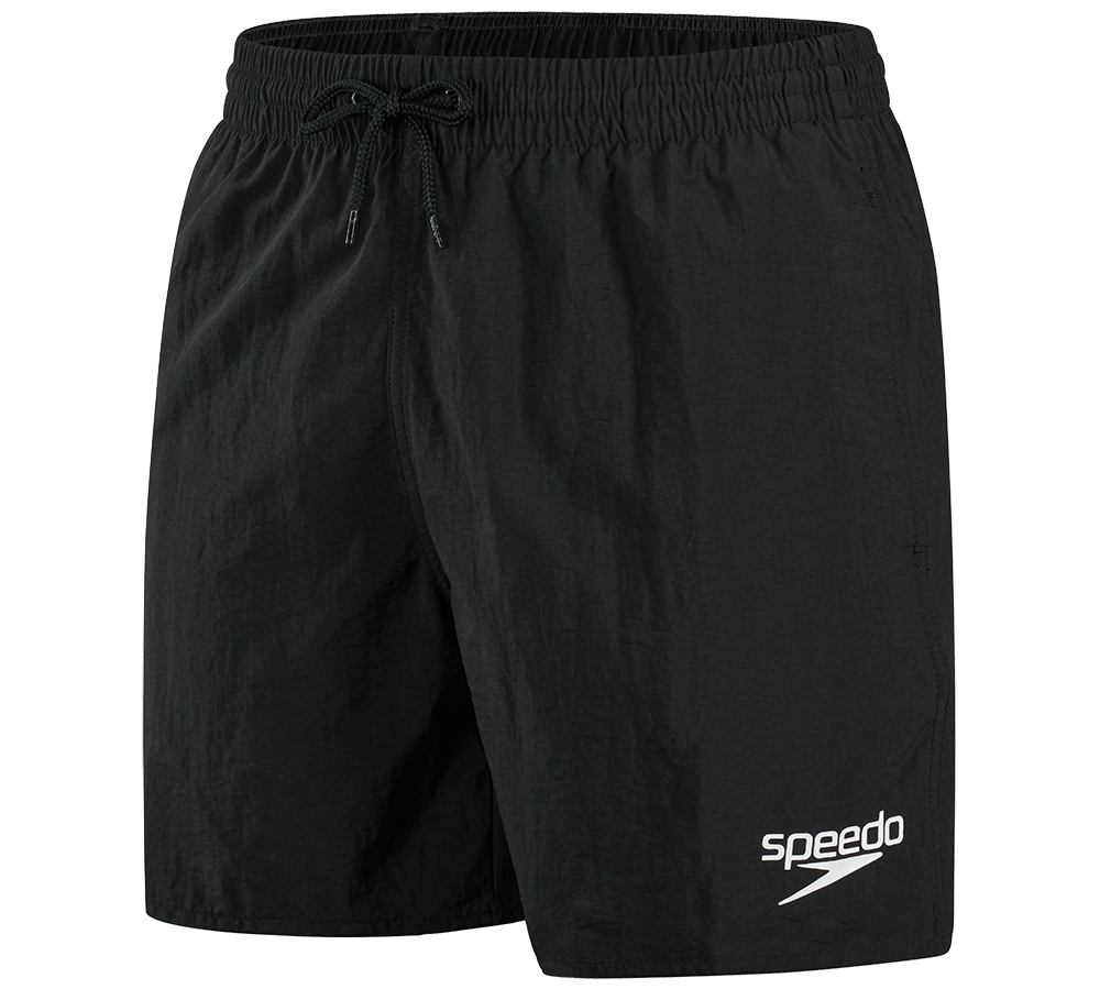 Sort badeshorts med elastisk talje, snøre og hvidt Speedo-logo på hvid baggrund.