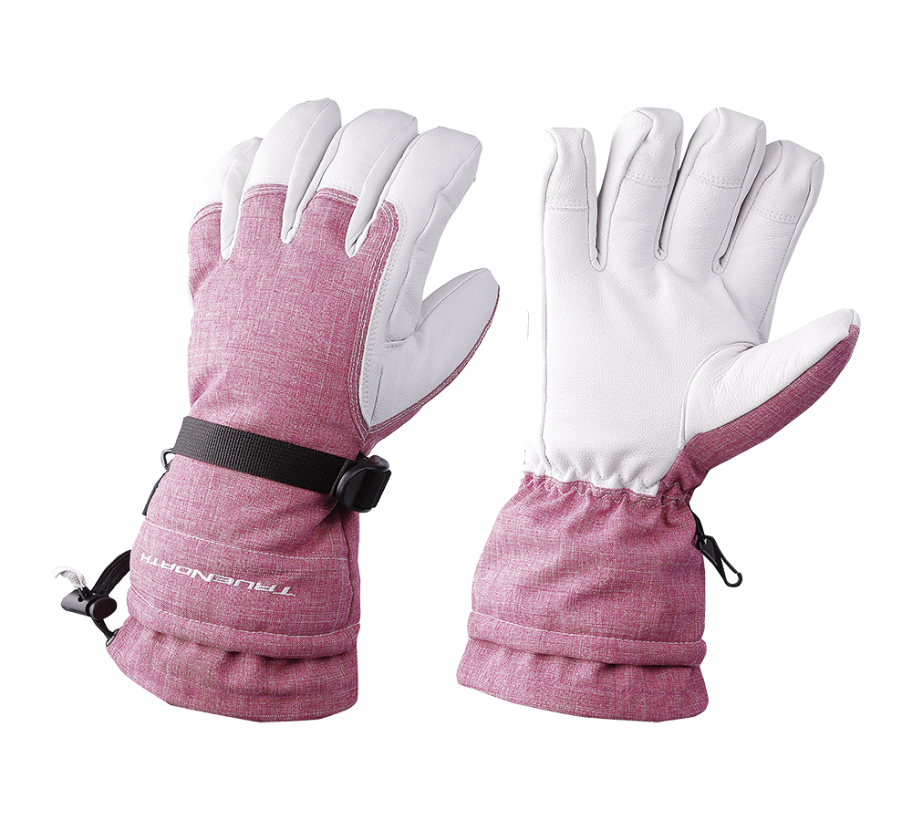 Et par varme, funktionelle vinterhandsker i rosa stof med hvide, læderlignende håndflader og fingre. Handskerne har justerbare remme ved håndleddet, elastisk manchet og en lille karabinhage til fastgørelse. Polstret og forstærket på slidfladerne, designet til udendørsaktiviteter som skiløb eller snerydning. Det robuste materiale og isoleringen sikrer godt greb og beskyttelse mod kulde og vind.
