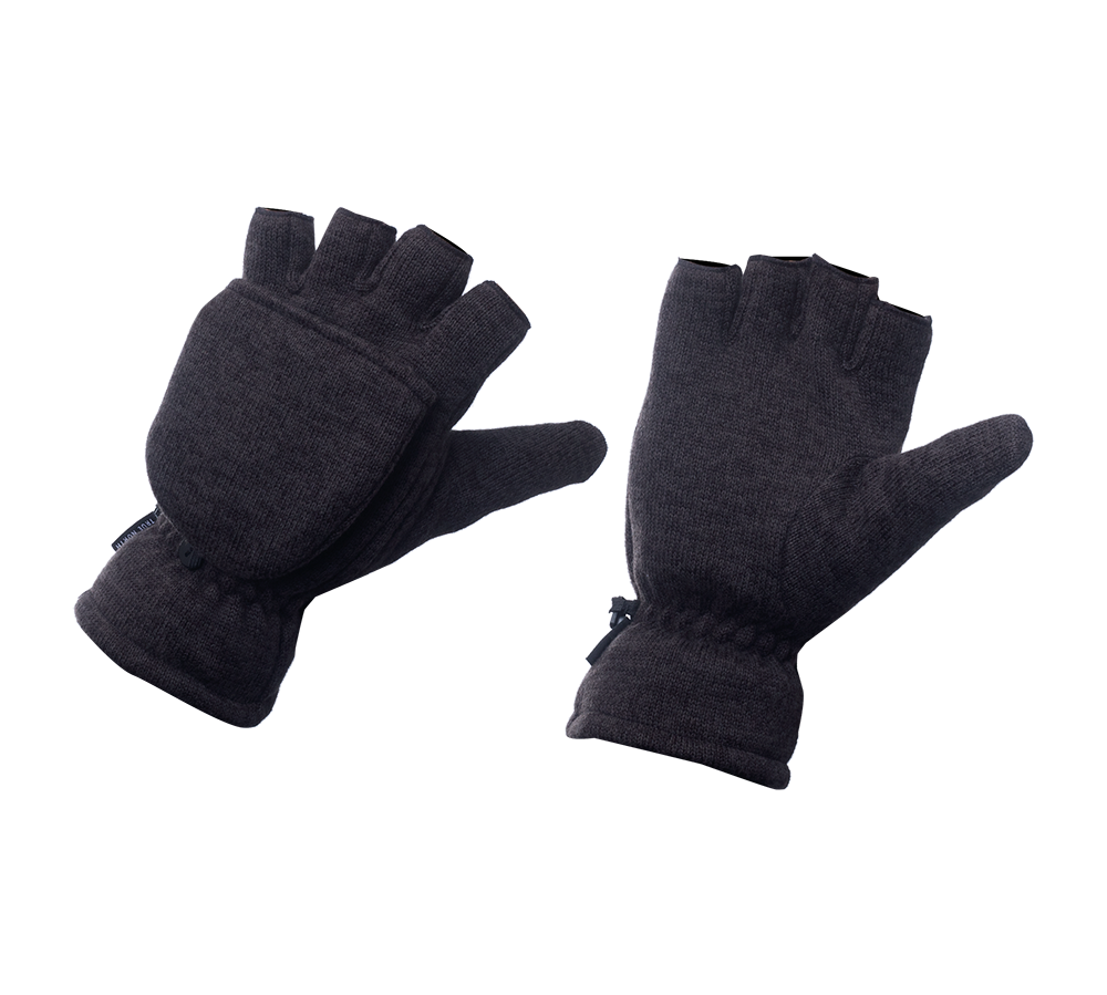 Et par mørkegrå, strikkede konvertible handsker med åbne fingerender og en foldbar flig, der kan dække fingrene som luffer. Materialet ser blødt og isolerende ud, med elastisk håndledsafslutning for tæt pasform. Designet kombinerer varme og funktionalitet, ideelt til udendørs aktiviteter hvor fingerspids-følsomhed er nødvendig — for eksempel fotografering, brug af smartphone eller cykelture i køligt vejr. De fremstår tidløse og praktiske.