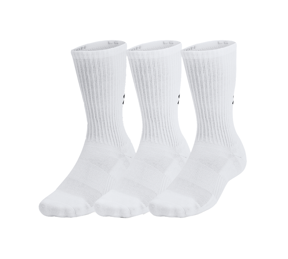 Et sæt på tre hvide, mellemlange sportssokker med klassisk ribstrik og elastisk øvre kant. Sokkerne har polstrede zoner ved fod og ankel, diskrete ventilationsområder og en tæt, komfortabel pasform, der holder formen ved bevægelse. Enkle og funktionelle, velegnede til træning, hverdag og sportsudstyr, hvor neutral stil og holdbar komfort er i fokus.