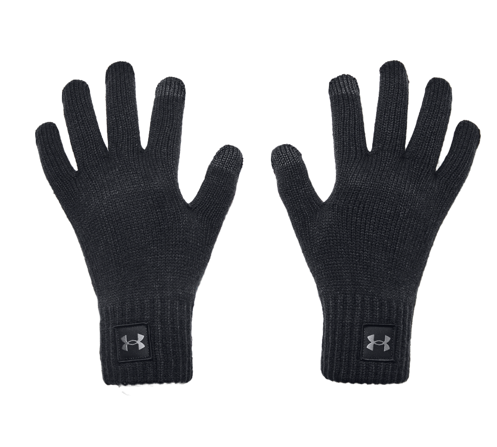 Et par sorte, strikkede handsker lagt fladt på hvid baggrund. Handskerne har fem fingre, ribstrikket manchet og diskrete fingerspidser, som ser ud til at være touchscreen-venlige. Et lille firkantet logo er syet på hver manchet. Materialet virker blødt og varmt, med tæt strikning der giver et klassisk, funktionelt udtryk velegnet til daglig brug i køligt vejr.