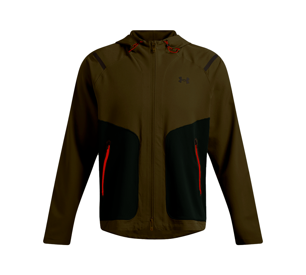 Jakke i armygrøn med sorte paneler og tydelige røde lynlåse, designet til aktive udendørs aktiviteter. Den har hætte, fuld lynlås og to lommer med vandtætte lynlåse, samt et diskret Under Armour-logo på brystet. Materialet virker tætvævet og let vandafvisende, med elastisk pasform og bevægelsesfrihed i ærmerne. En sporty, funktionel softshell-jakke velegnet til træning, vandreture eller hverdagsbrug.