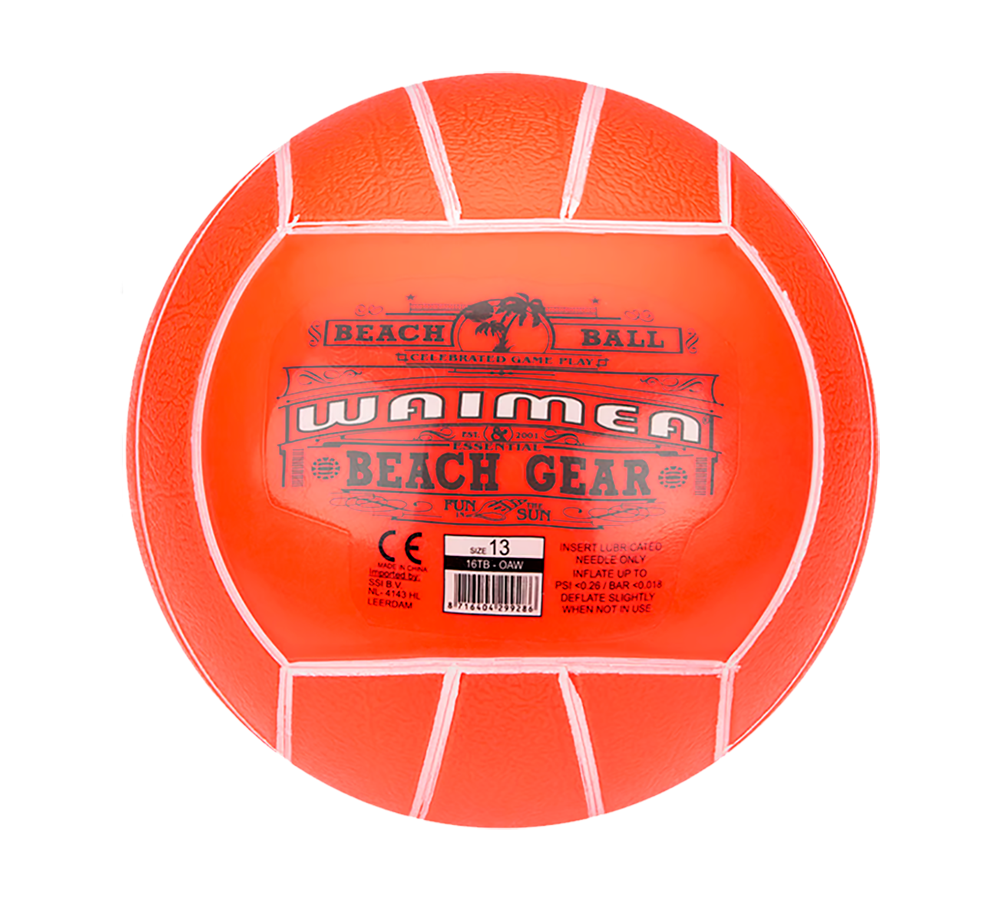 Et klart orange beachball med hvide sømme og grafisk tryk midt på, hvor der står "Waimea Beach Gear" og "Beach Ball". Kuglen har en let struktur og blank overflade, egnet til strand- eller poolleg. Den opblæste form og synlige ventil gør den praktisk at bruge og opbevare. Designet signalerer sommer, sjov og uformel udendørsaktivitet for både børn og voksne.