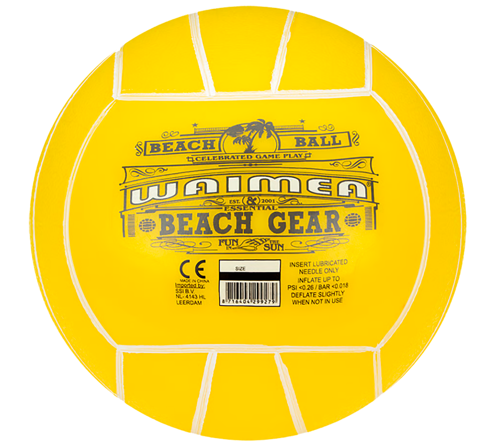 Et klart, gult strandvolleyball med hvide syninger og tryk på overfladen. Bolden har logoet 'Waimea Beach Gear' samt dekorative palmemotiver og teksten 'Beach Ball'. Der er også instruktions- og sikkerhedsmærkning, stregkode og CE-mærke nær midten. Det enkle, kontrasterende design og de tydelige grafiske elementer signalerer sommer, leg og uformel strandunderholdning. Bolden virker robust og velegnet til udendørs spil i sand.
