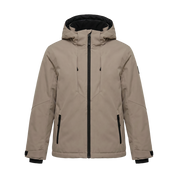 Beige vinterjakke med hætte, sort lynlås og frontlommer på hvid baggrund.