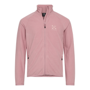 En lyserød fleecejakke med hel lynlås og høj krave, udført i blødt, tætvævet microfleece. Jakken har lange ærmer, sidelommer med lynlås og diskret broderet logo på brystet. Den enkle, rene silhuet og elastisk kant gør den velegnet som lag-på-lag til kølige dage eller udendørs aktiviteter. Farven giver et feminint, men stilrent udtryk, der kombinerer komfort og funktionalitet.