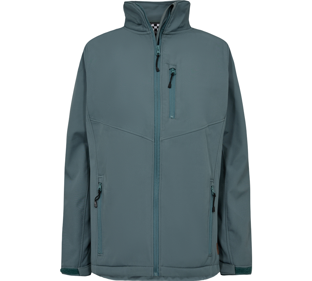 En stilren, petrolfarvet softshell-jakke med høj krave og gennemgående lynlås. Jakken har en lille brystlomme med vandtæt lynlås, to sidelommer med lynlåse og justerbare velcromanchetter. Materialet virker vindtæt og let vandafvisende, med rene syninger og en moderne, minimalistisk silhuet. Ideel til hverdagsbrug og udendørsaktiviteter i køligt vejr, kombinerer den funktionalitet med enkel, tidløs stil.