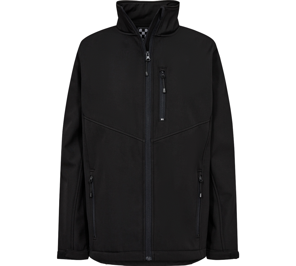 En klassisk, sort softshell-jakke med høj krave og fuld lynlås. Jakken har et rent, minimalistisk snit med synlige lynlåslommer på brystet og i siderne samt diskrete dekorsømme, der skaber et let V-formet udtryk over brystet. Materialet virker robust og vindafvisende, velegnet til udendørs brug i hverdagen. Justerbare manchetter og en afslappet pasform gør den både praktisk og alsidig.