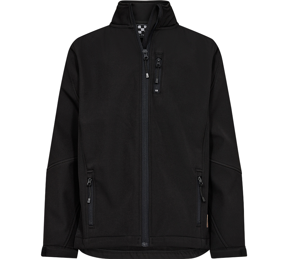 Sort softshell-jakke i enkel, funktionel stil. Høj krave, central lynlås og en lille brystlomme med lynlås samt to sidelommer giver praktisk opbevaring. Materialet fremstår robust, vindtæt og let vandafvisende med tætsiddende pasform og justerbare manchetter. Minimalistisk design uden synlige logoer gør jakken alsidig til både hverdag og udendørs aktiviteter i køligt vejr.